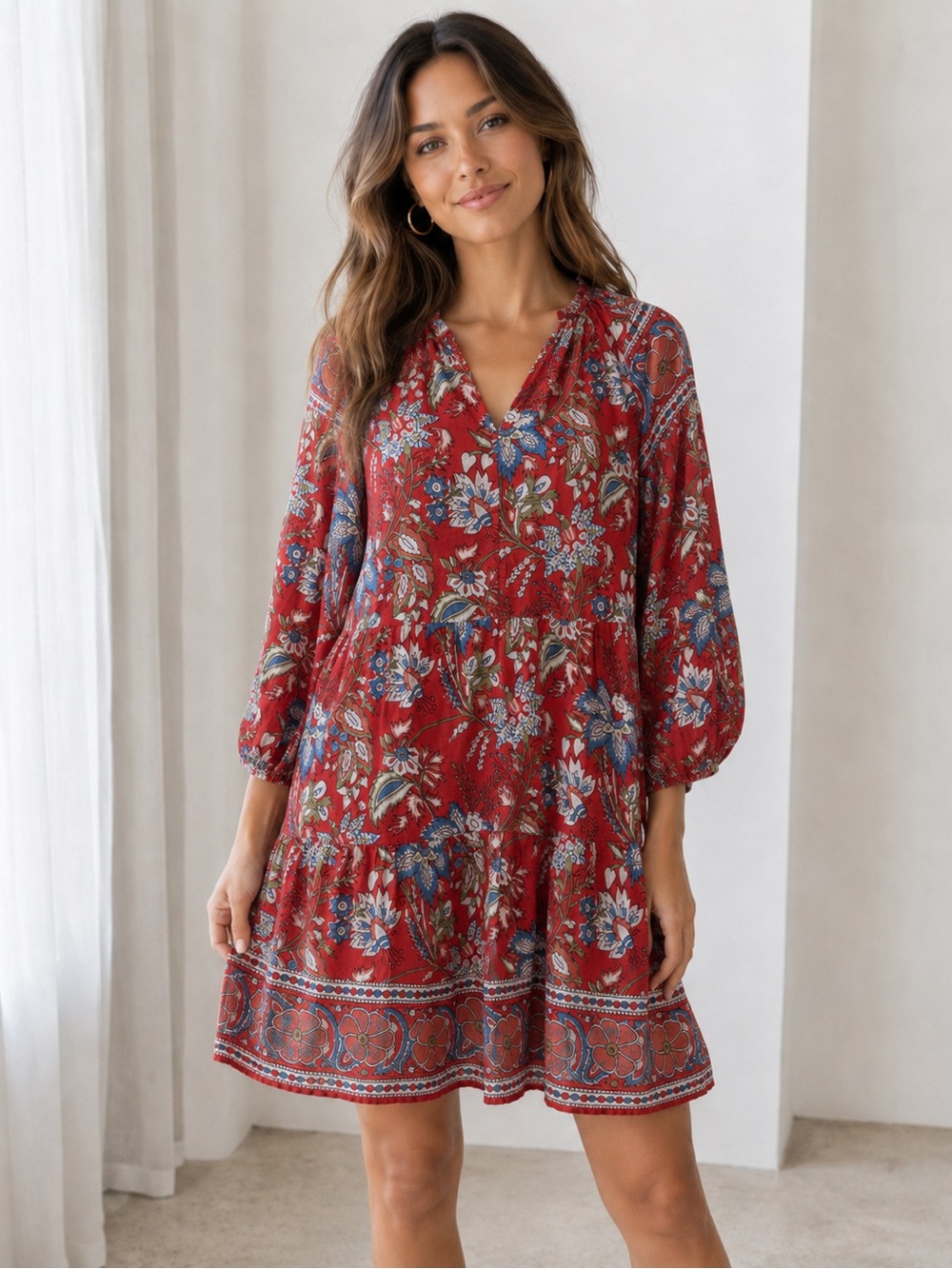 Velvet By Graham & Spencer Indian Cotton Floral Red Mini Dress Red Blue Sz.S